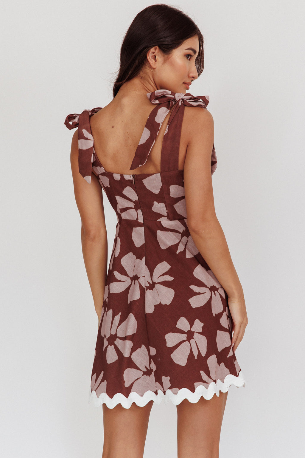 Mykonos Morning Tied Shoulder Mini Dress Floral Brown by Selfie Leslie