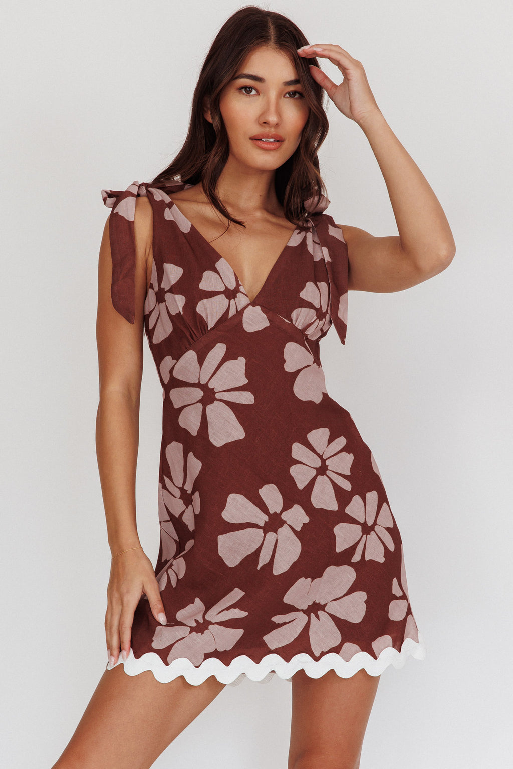 Mykonos Morning Tied Shoulder Mini Dress Floral Brown by Selfie Leslie