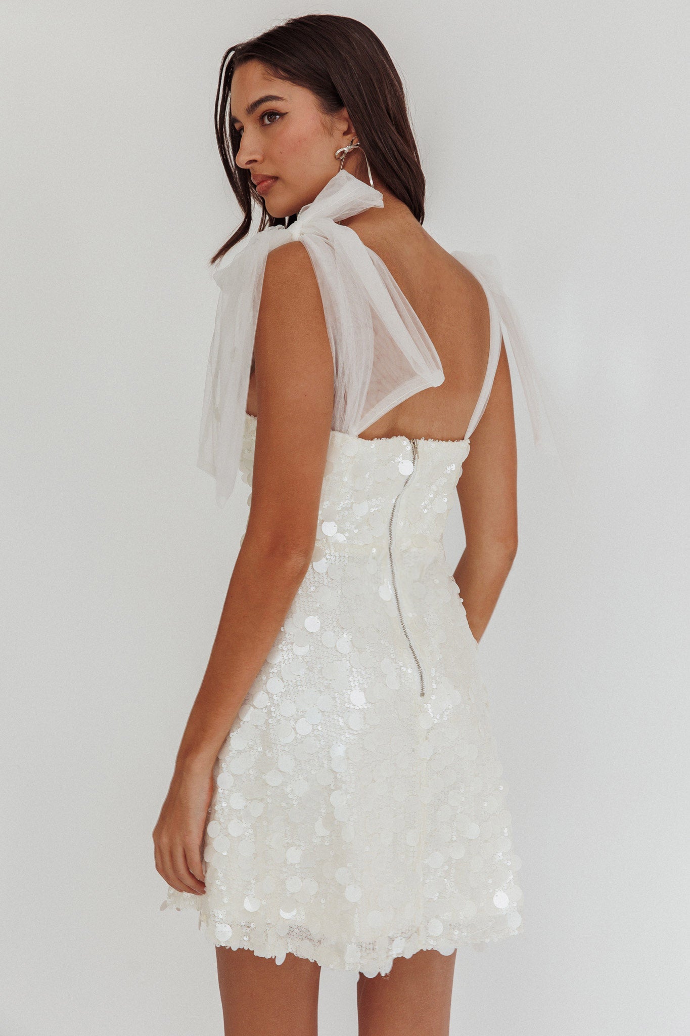 Mykonos Morning Tied Shoulder Sequin Mini Dress White Mykonos Morning Tied Shoulder Sequin Mini Dress White