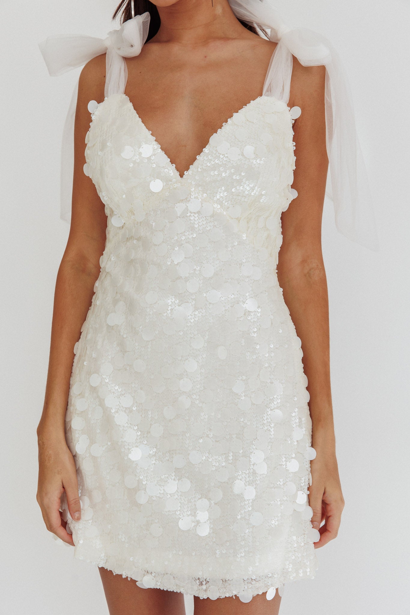 Mykonos Morning Tied Shoulder Sequin Mini Dress White by Selfie Leslie