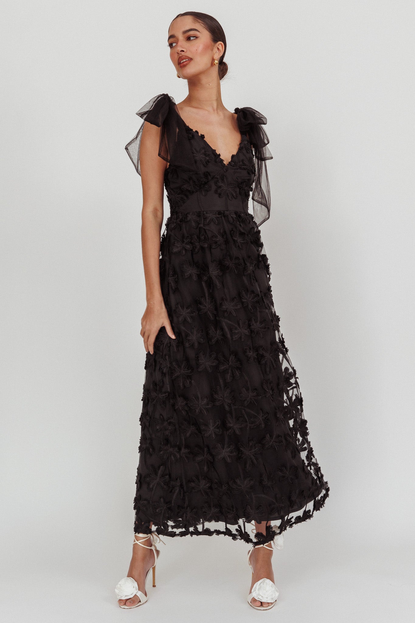 Mykonos Morning Tied Shoulder Tree Maxi Dress Black by Selfie Leslie