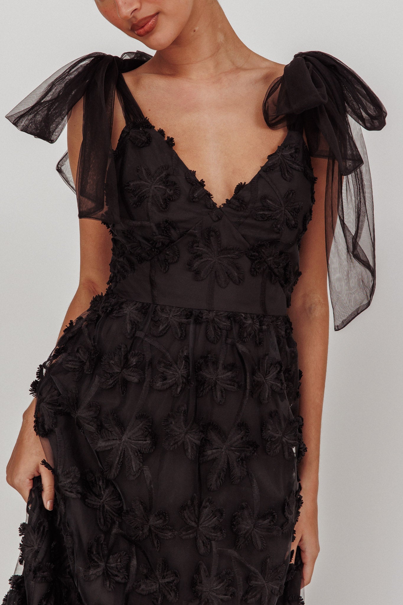 Mykonos Morning Tied Shoulder Tree Maxi Dress Black by Selfie Leslie