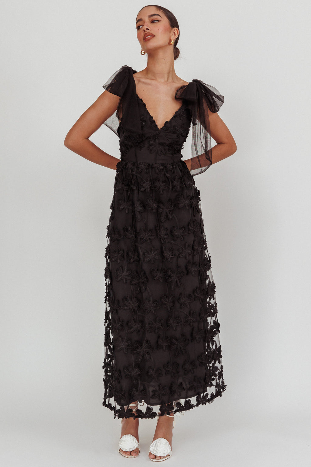Mykonos Morning Tied Shoulder Tree Maxi Dress Black by Selfie Leslie