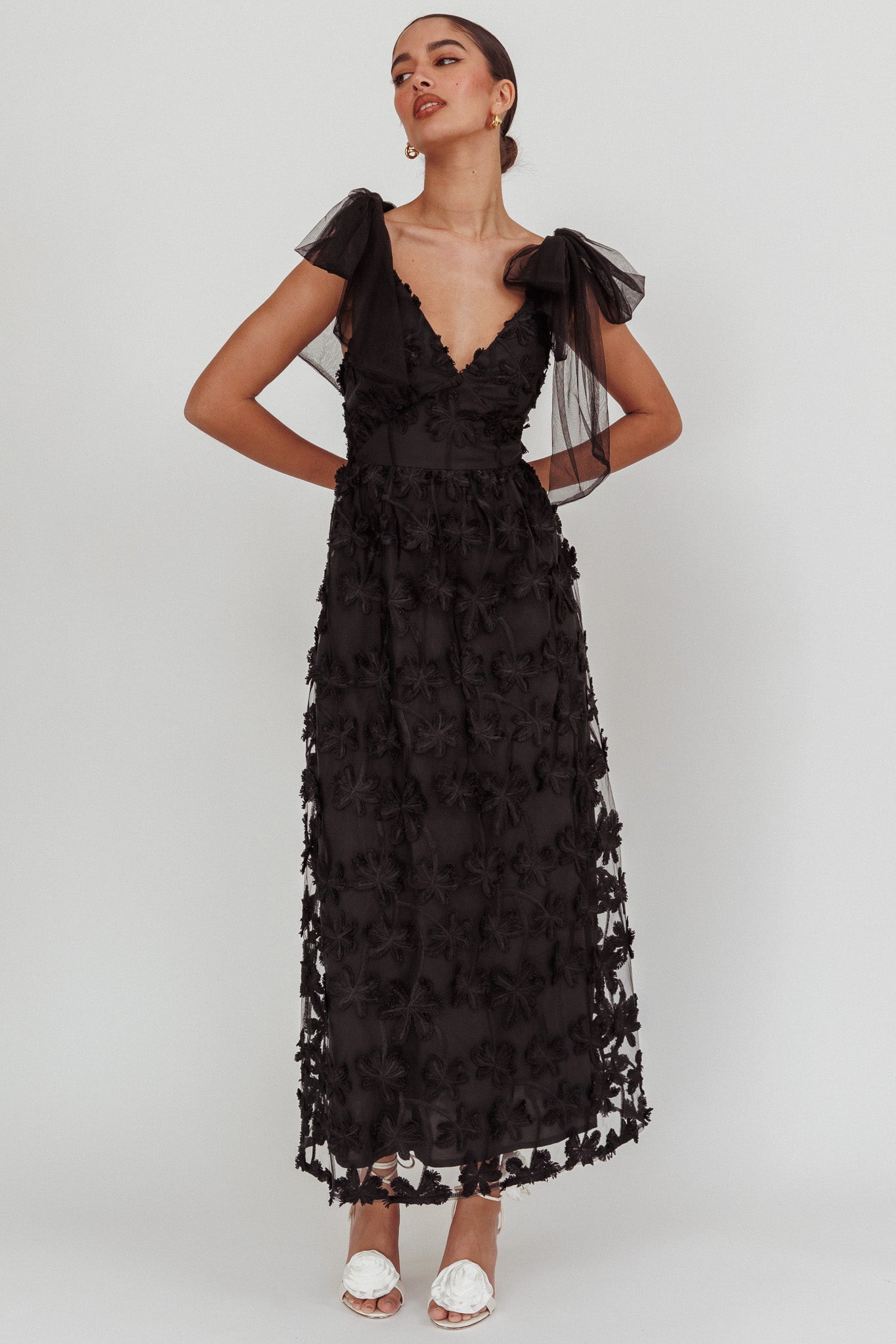 Mykonos Morning Tied Shoulder Tree Maxi Dress Black by Selfie Leslie