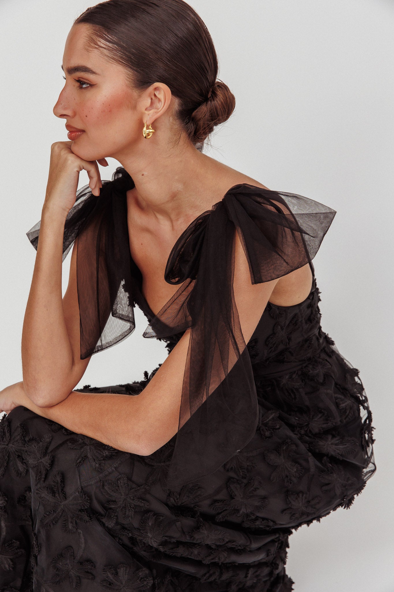 Mykonos Morning Tied Shoulder Tree Maxi Dress Black by Selfie Leslie