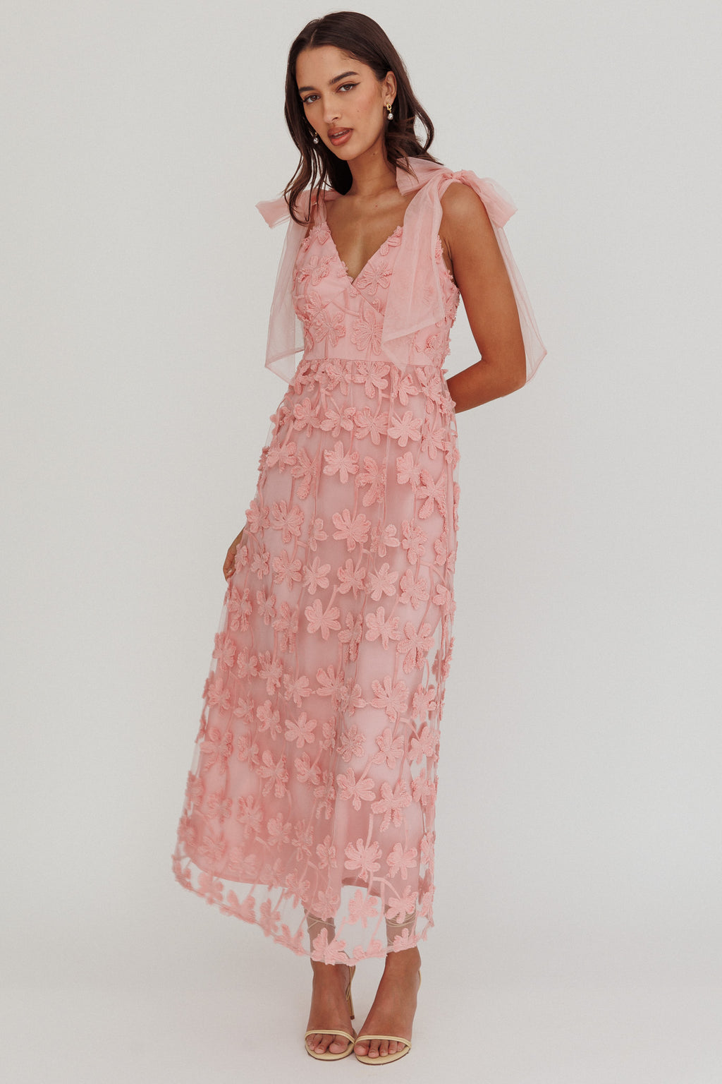 Mykonos Morning Tied Shoulder Tree Maxi Dress Blush by Selfie Leslie