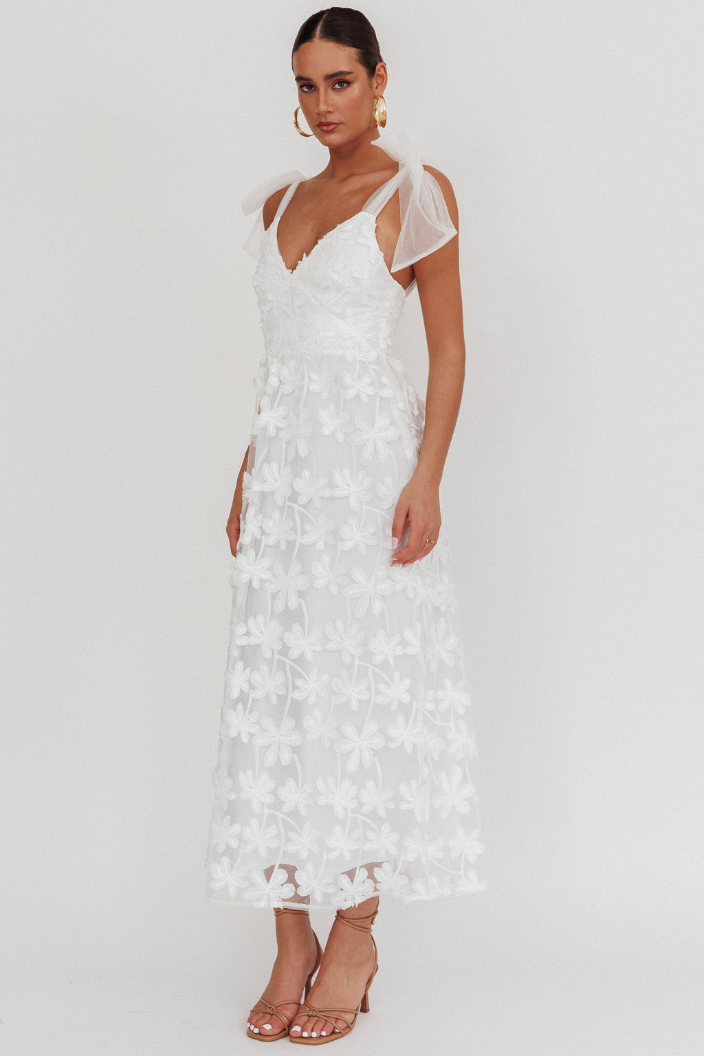 Mykonos Morning Tied Shoulder Tree Maxi Dress White by Selfie Leslie