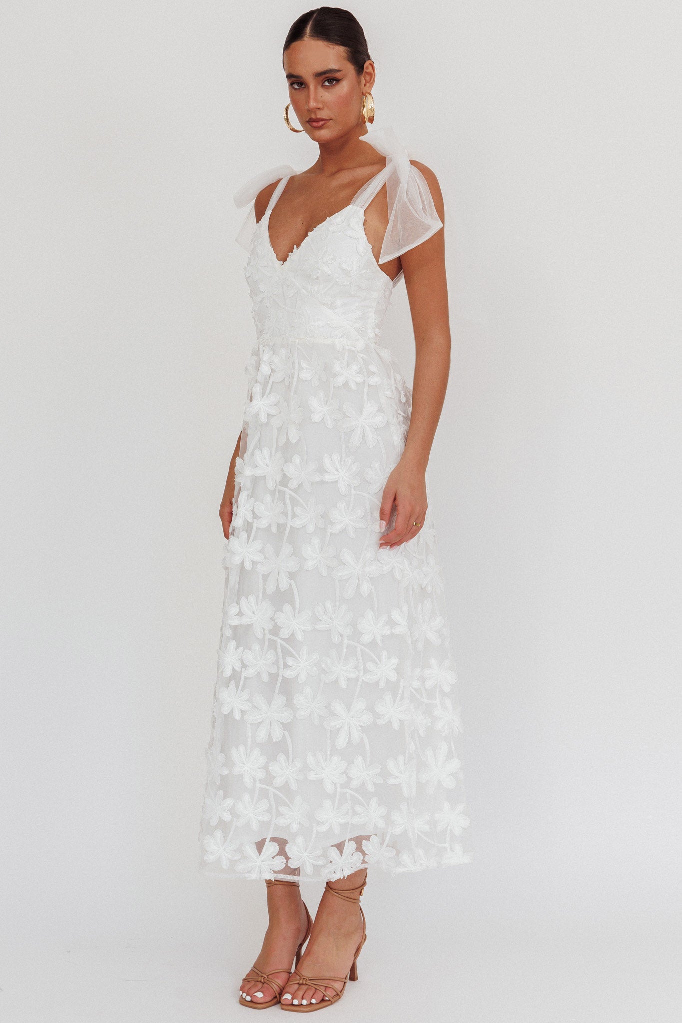 Mykonos Morning Tied Shoulder Tree Maxi Dress White by Selfie Leslie
