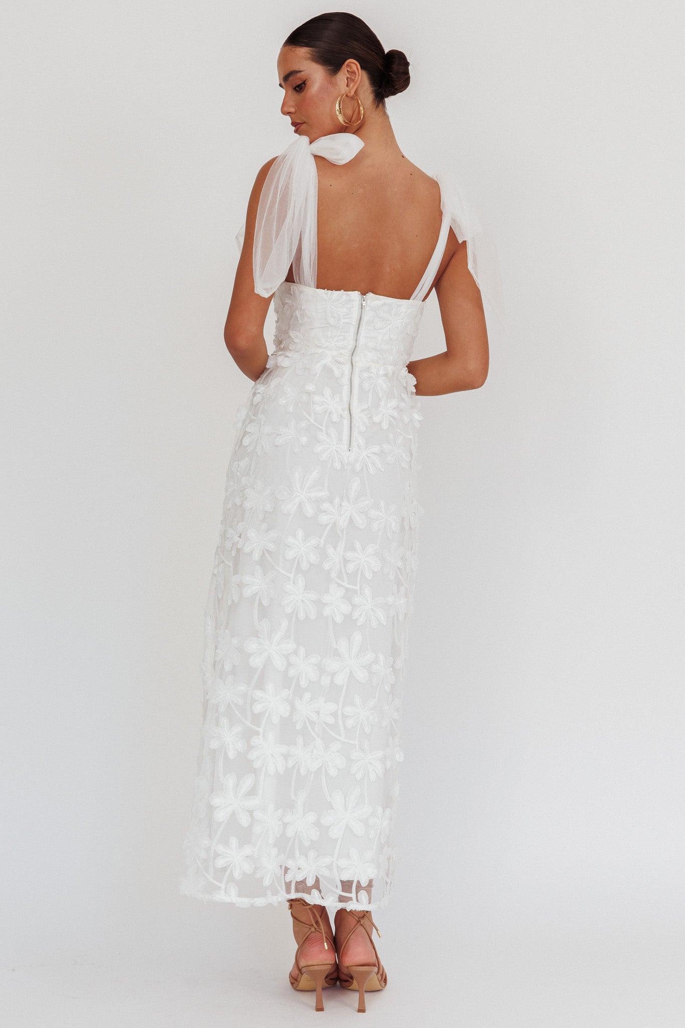 Mykonos Morning Tied Shoulder Tree Maxi Dress White by Selfie Leslie
