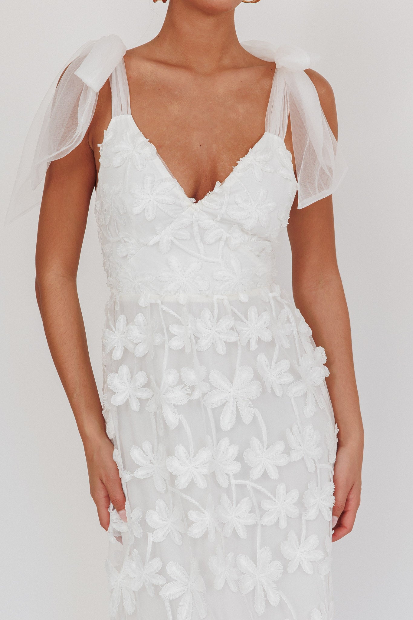 Mykonos Morning Tied Shoulder Tree Maxi Dress White by Selfie Leslie