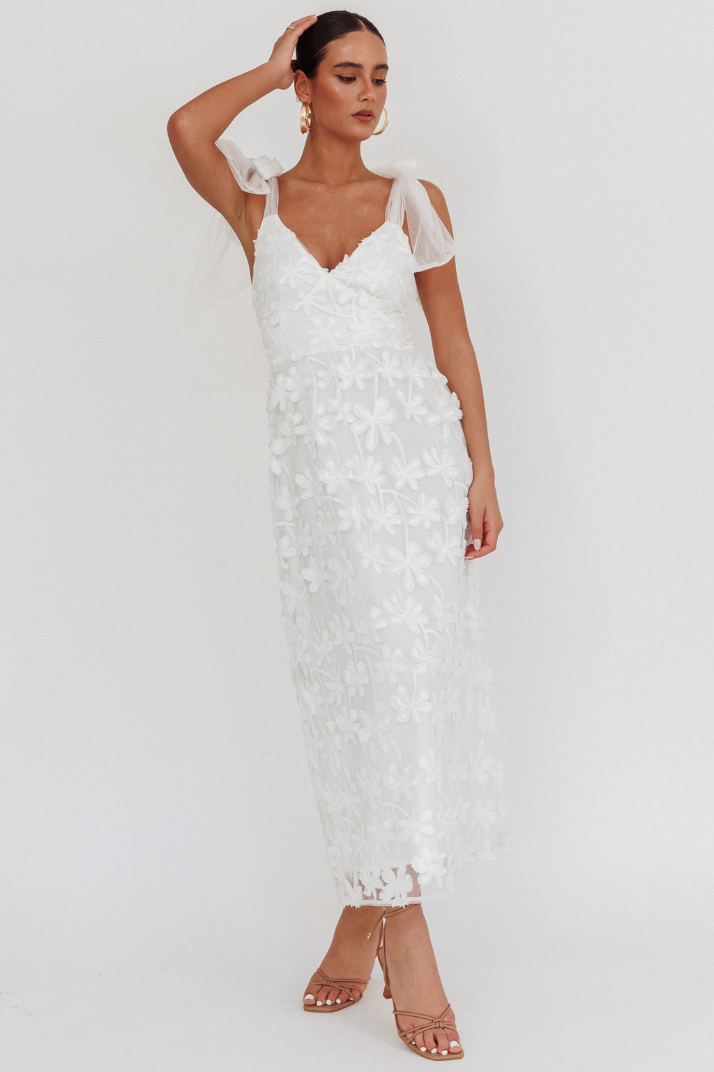 Mykonos Morning Tied Shoulder Tree Maxi Dress White by Selfie Leslie