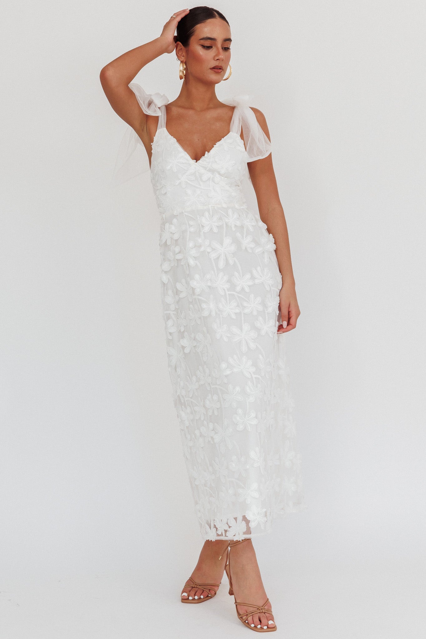 Mykonos Morning Tied Shoulder Tree Maxi Dress White by Selfie Leslie