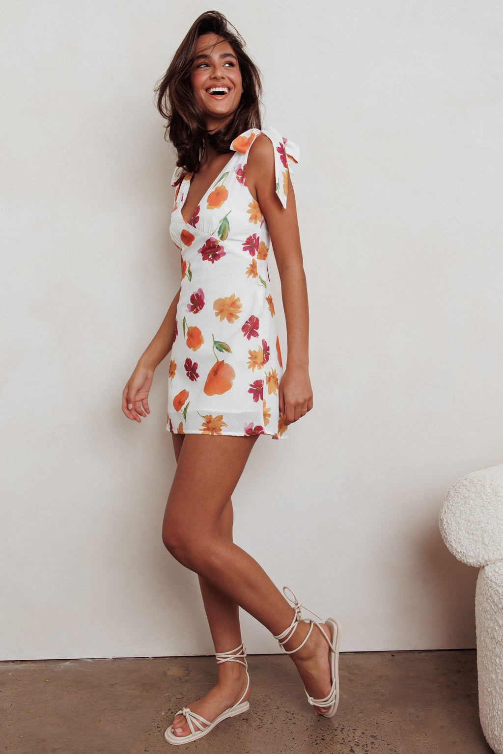 Mykonos Morning Tied Shoulder Mini Dress Flower Orange by Selfie Leslie