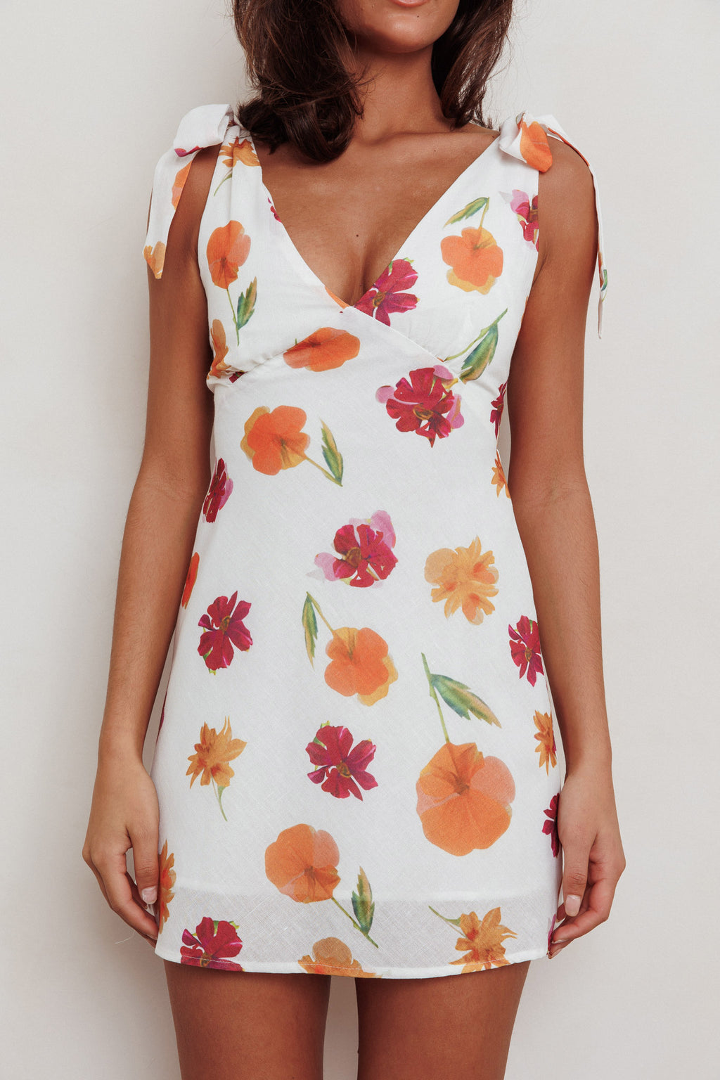 Mykonos Morning Tied Shoulder Mini Dress Flower Orange by Selfie Leslie