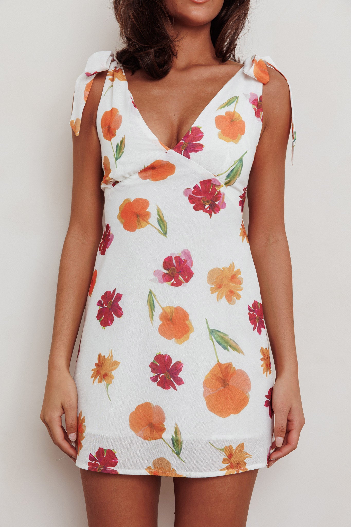 Mykonos Morning Tied Shoulder Mini Dress Flower Orange by Selfie Leslie