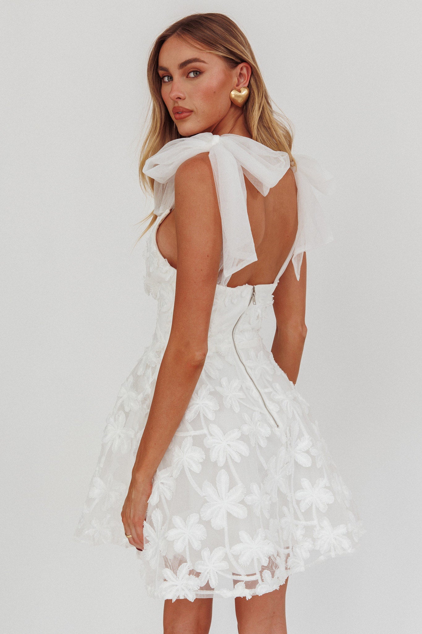 Mykonos Morning Tied Shoulder Mini Dress Embroidered Palm White S Mykonos Morning Tied Shoulder Mini Dress Embroidered Palm White S