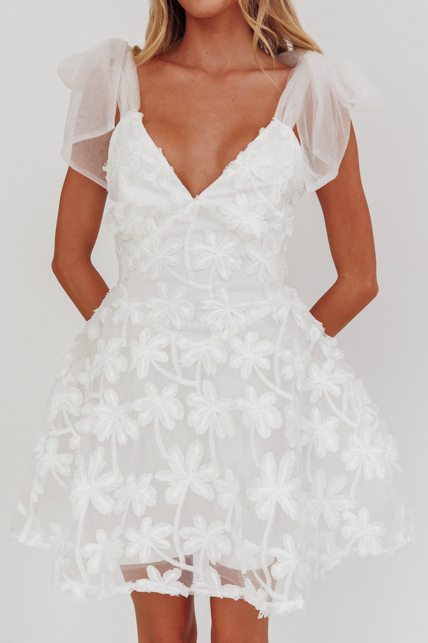 Mykonos Morning Tied Shoulder Mini Dress Embroidered Palm White by Selfie Leslie
