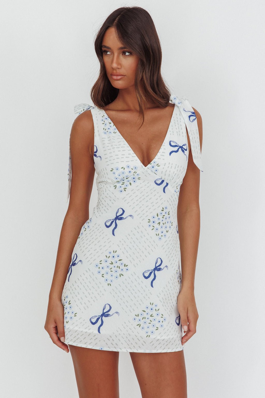 Mykonos Morning Tied Shoulder Mini Dress Bows Blue by Selfie Leslie