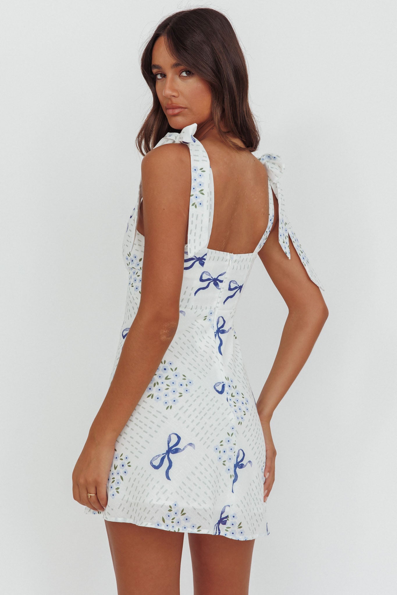 Mykonos Morning Tied Shoulder Mini Dress Bows Blue by Selfie Leslie