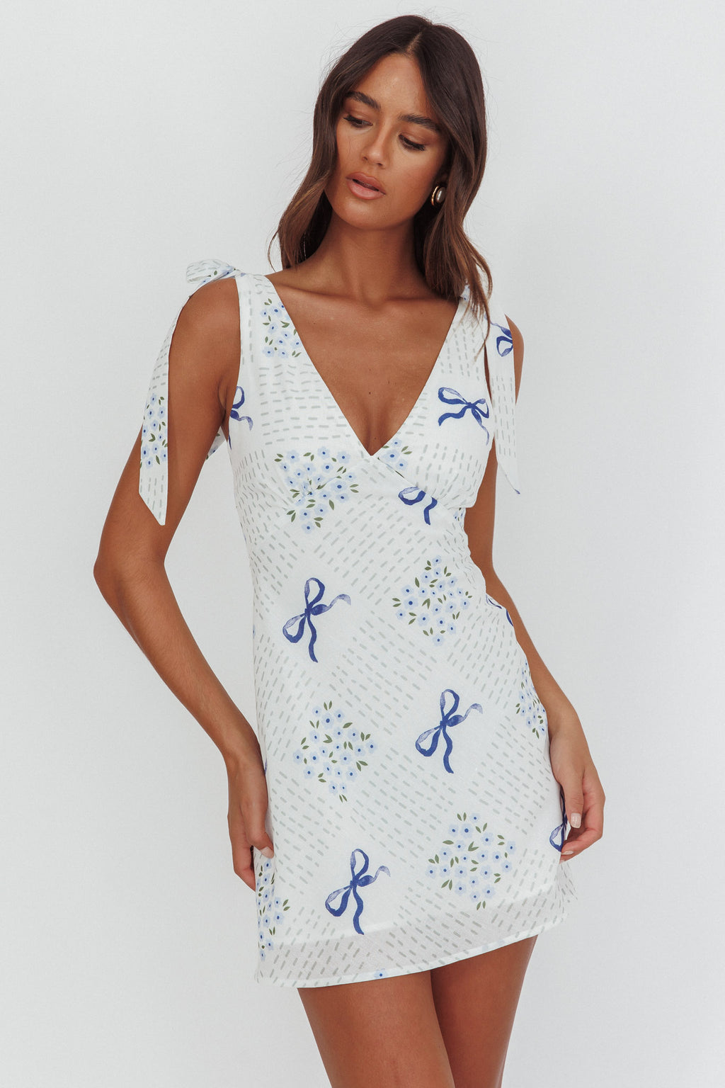 Mykonos Morning Tied Shoulder Mini Dress Bows Blue by Selfie Leslie