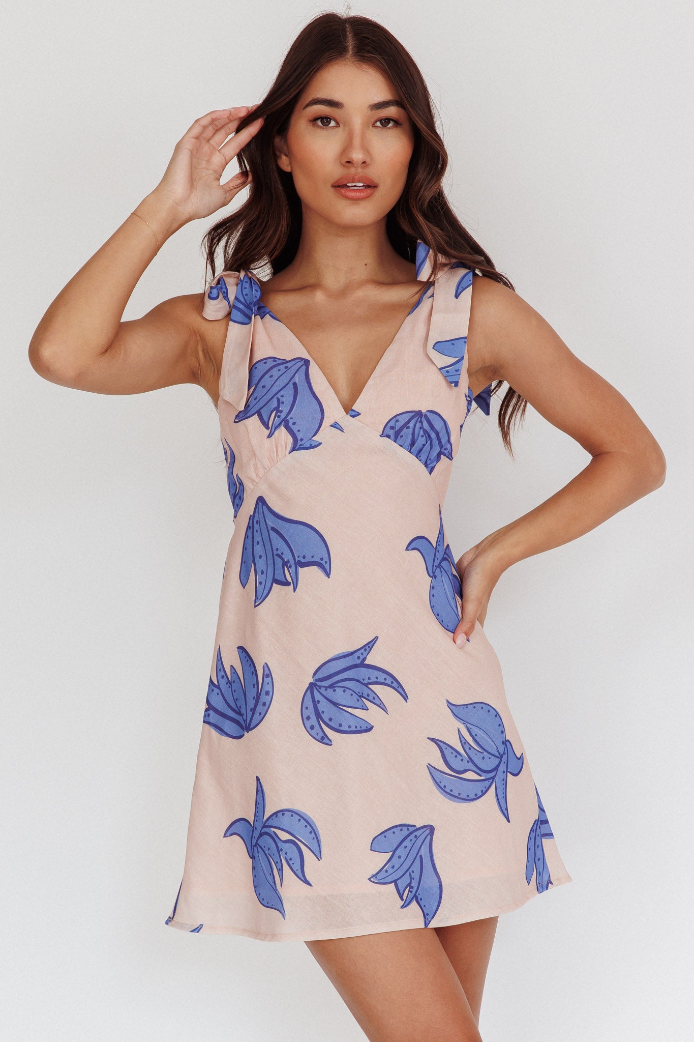 Mykonos Morning Tied Shoulder Mini Dress Plant Print Beige by Selfie Leslie