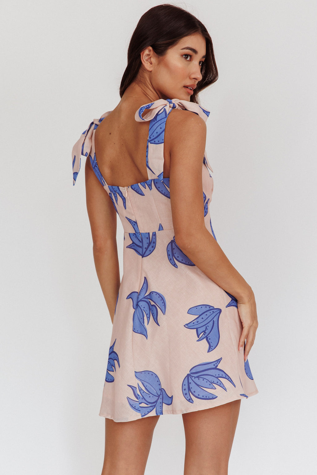 Mykonos Morning Tied Shoulder Mini Dress Plant Print Beige by Selfie Leslie