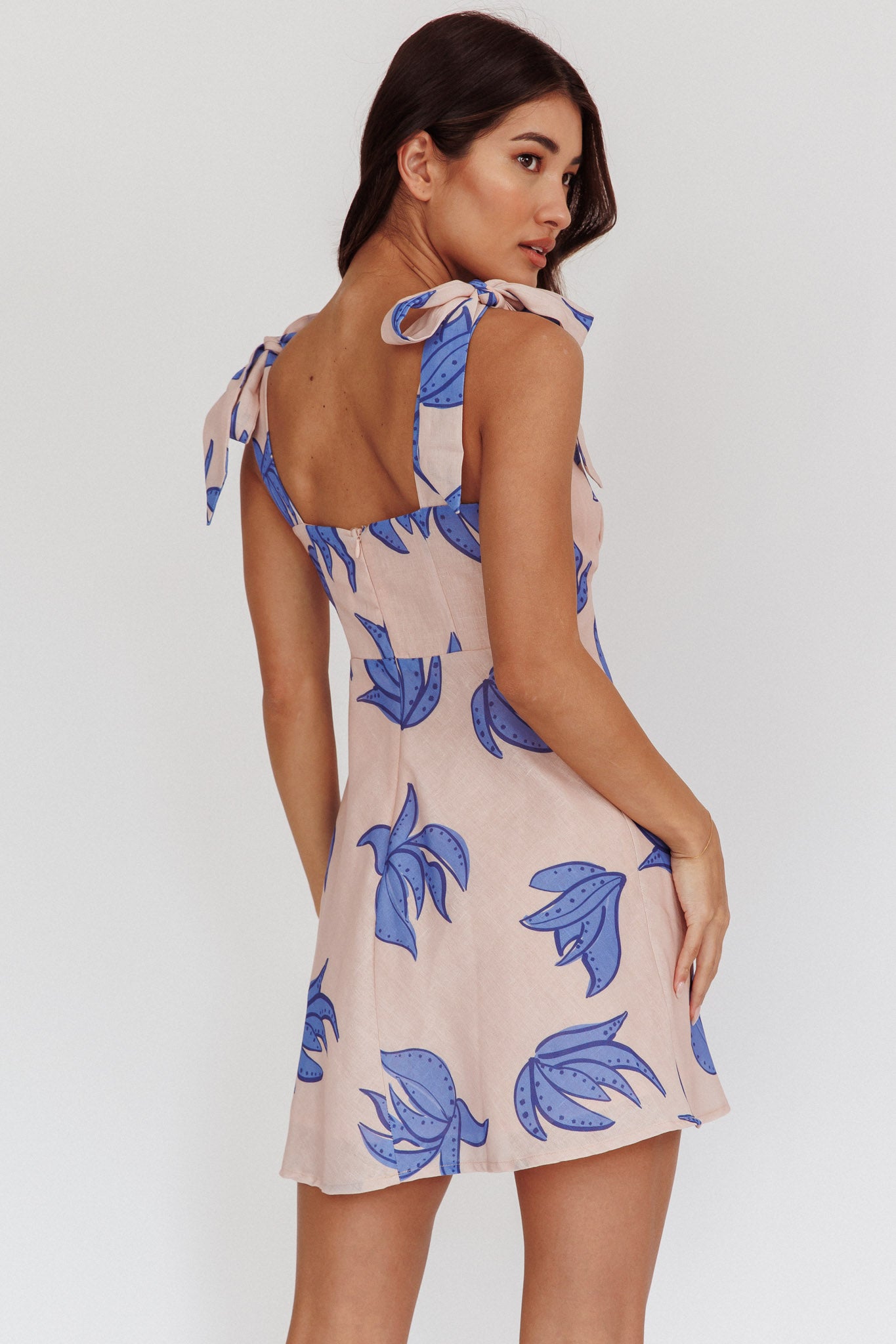 Mykonos Morning Tied Shoulder Mini Dress Plant Print Beige by Selfie Leslie