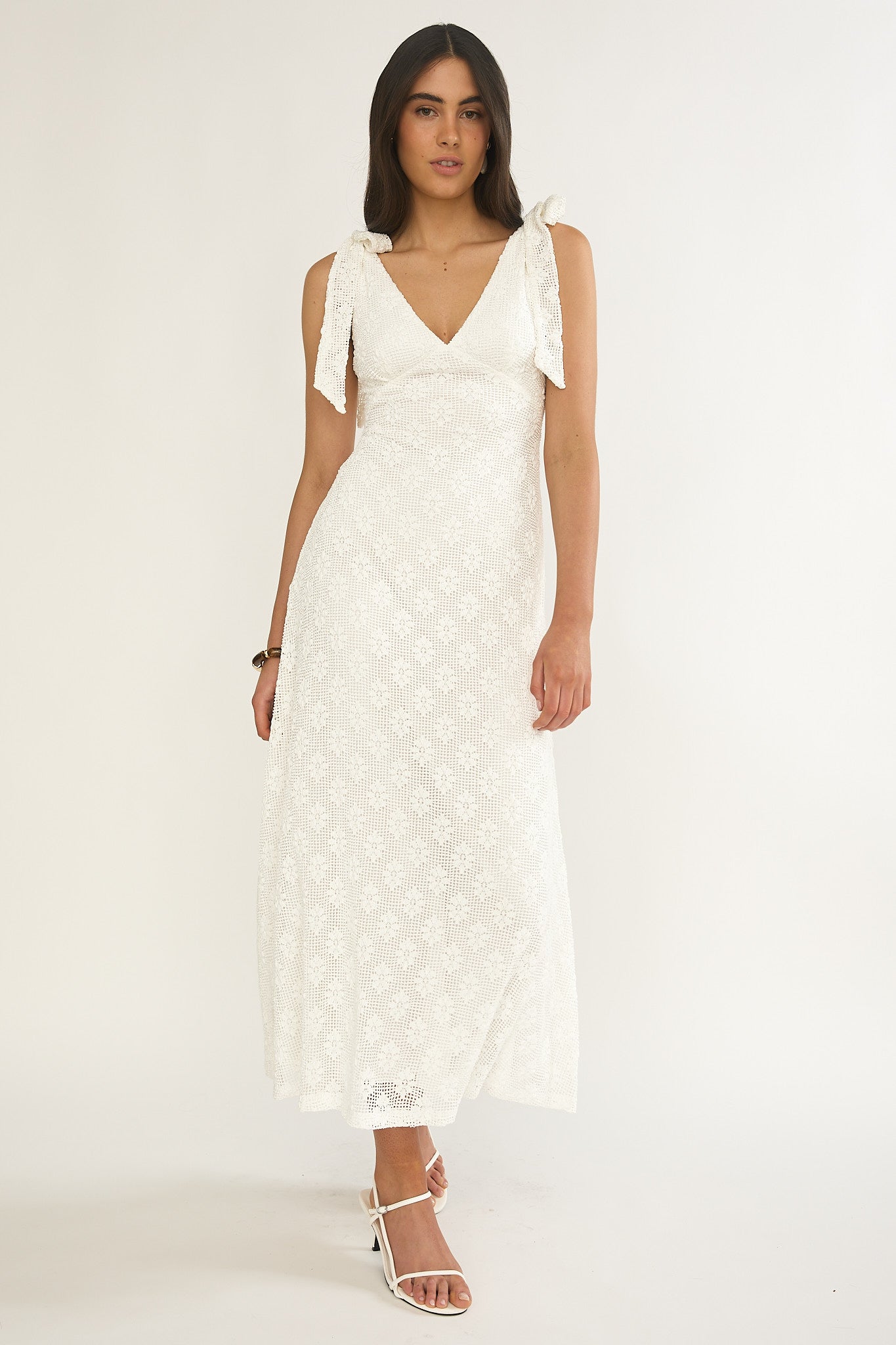 white one shoulder crochet dress White One Shoulder Crochet Trim Midi Dress