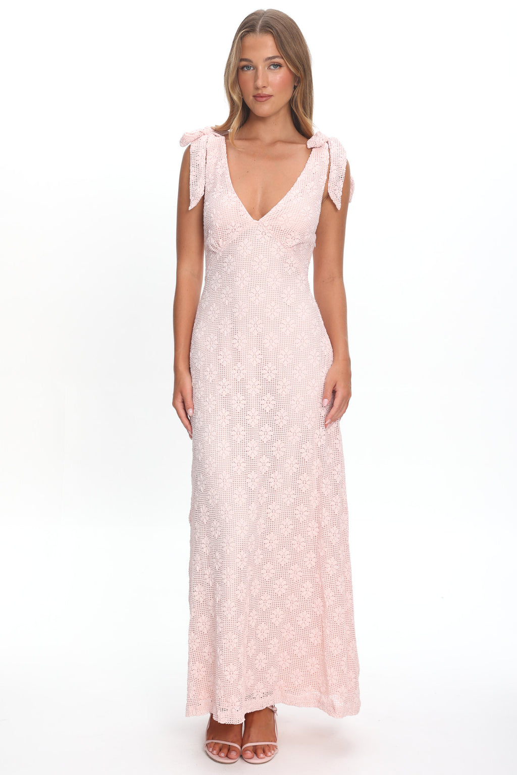 Mykonos Morning Tied Shoulder Maxi Dress Crochet Pink