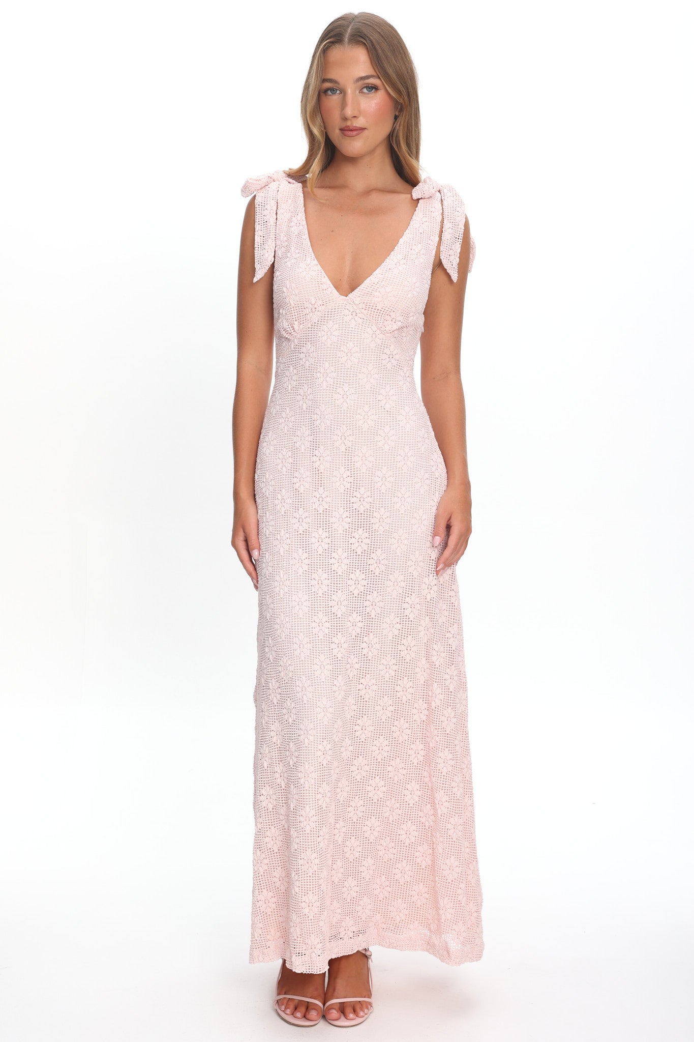 Mykonos Morning Tied Shoulder Maxi Dress Crochet Pink