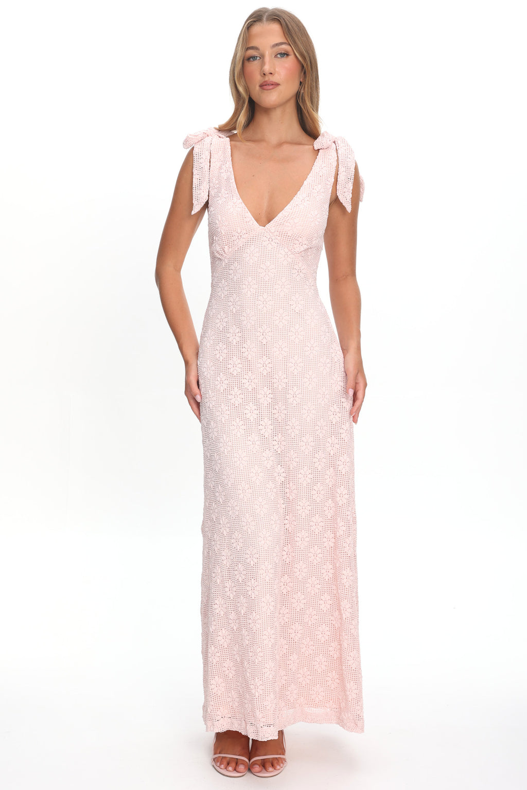 Mykonos Morning Tied Shoulder Maxi Dress Crochet Pink