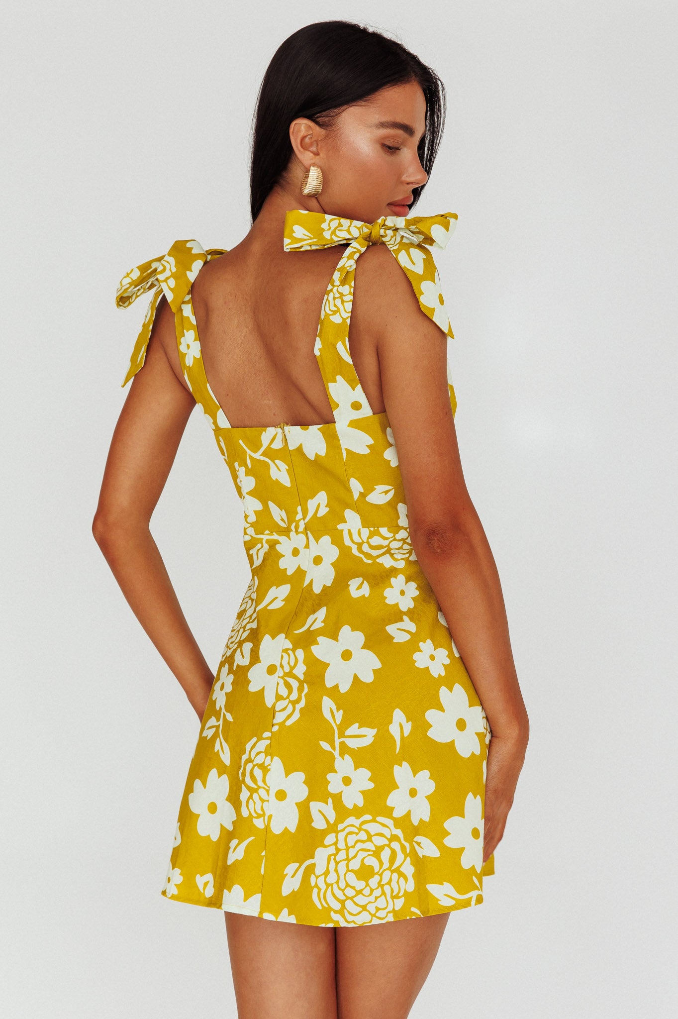 Mykonos Morning Tied Shoulder Mini Dress Floral Tan Selfie Leslie Mykonos Morning Tied Shoulder Mini Dress Floral Tan Selfie Leslie