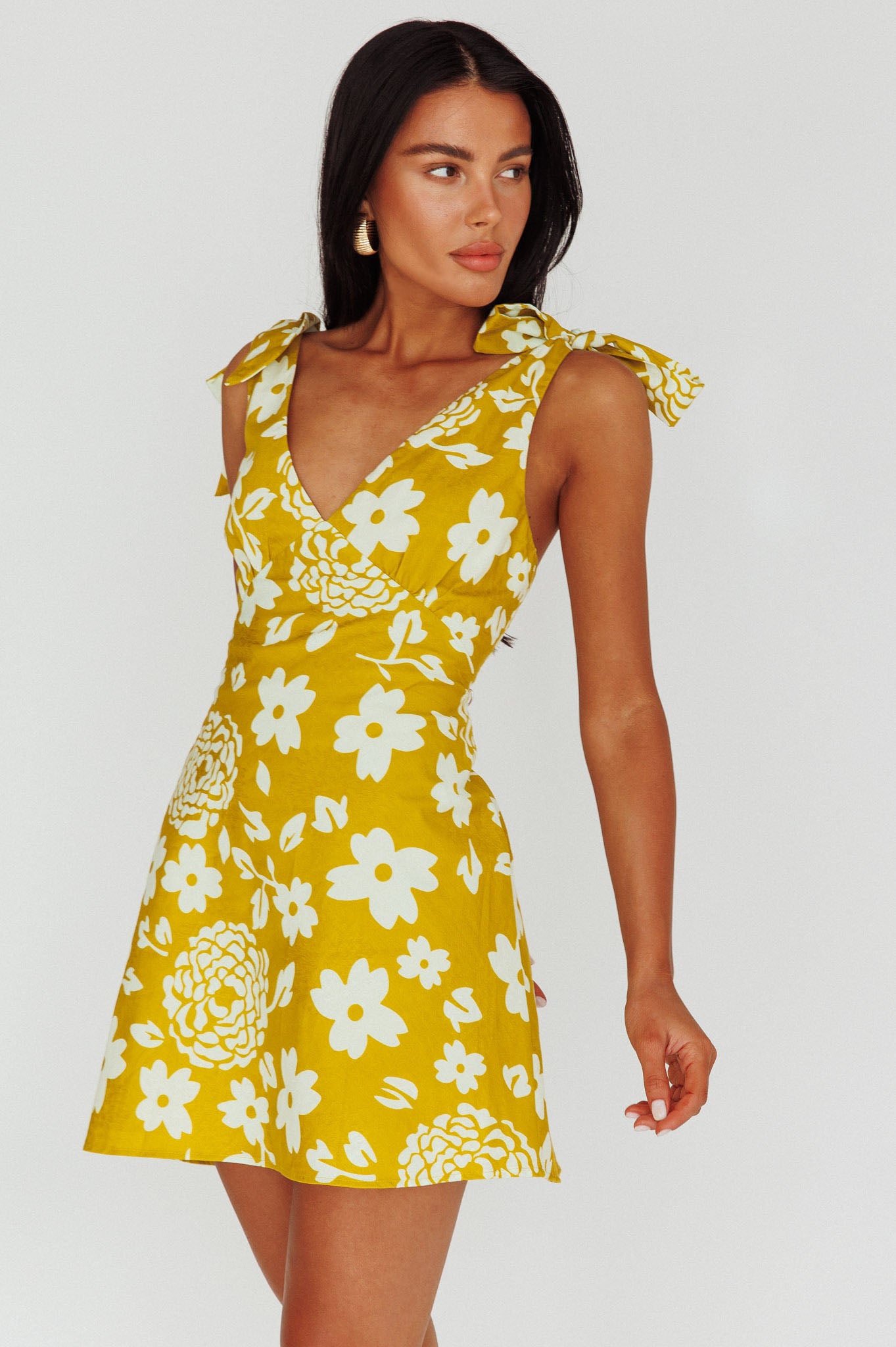 Mykonos Morning Tied Shoulder Mini Dress Floral Tan by Selfie Leslie