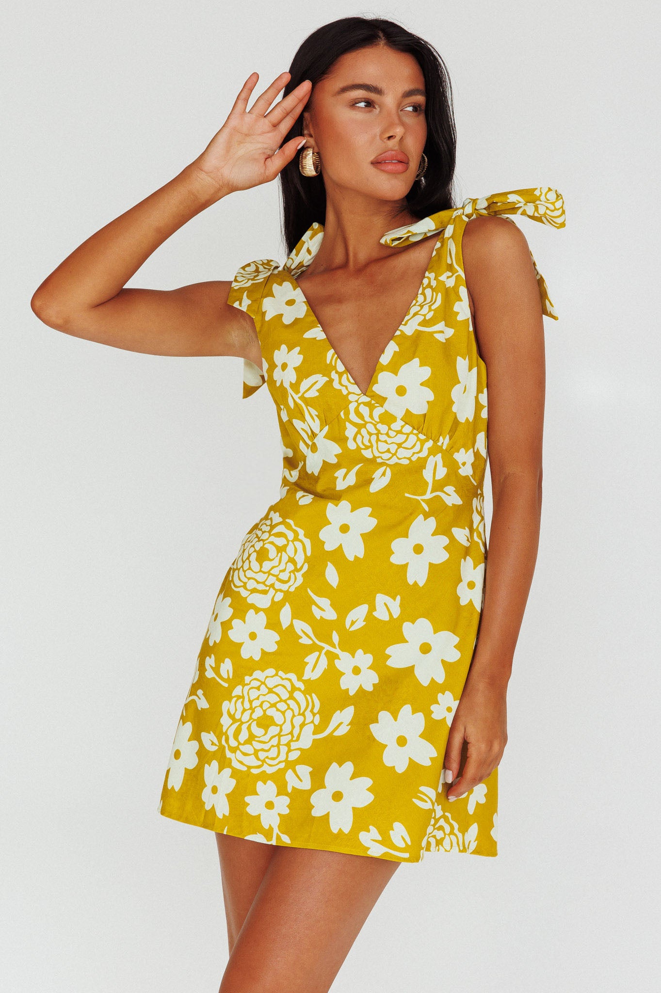 Mykonos Morning Tied Shoulder Mini Dress Floral Tan by Selfie Leslie
