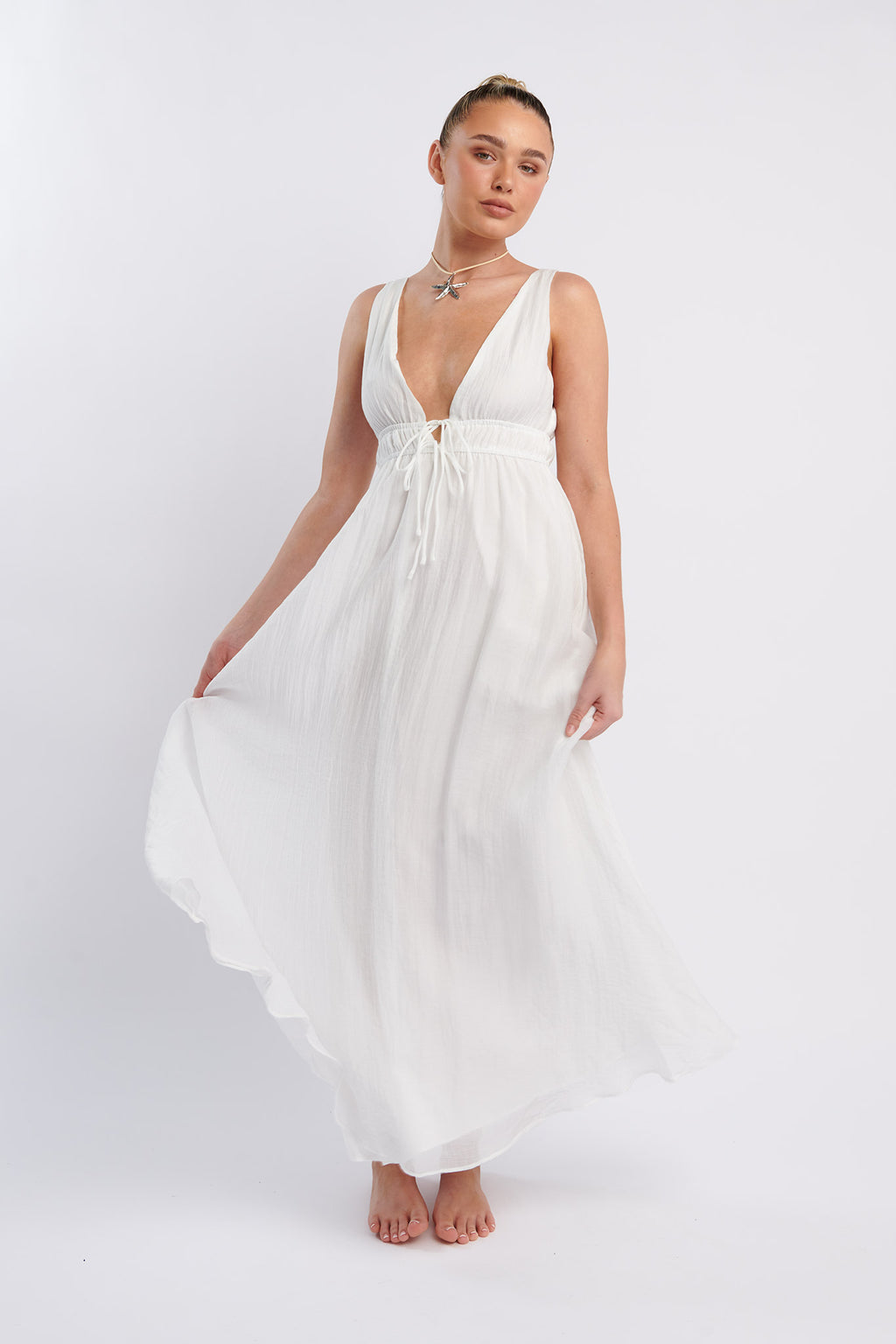 Kylin V-Neck Tied Bust Maxi Dress White by Selfie Leslie