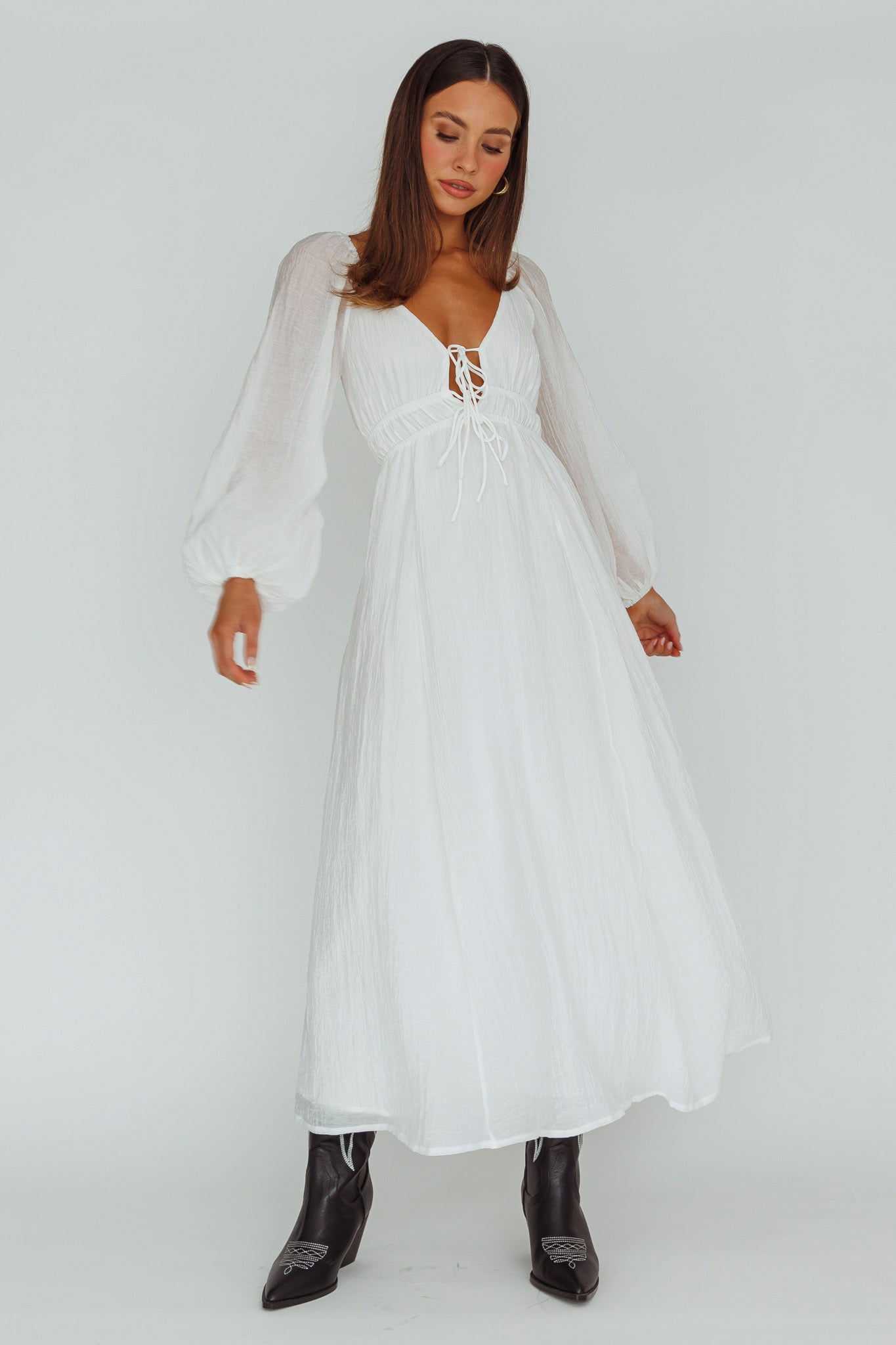 Kylin Balloon Sleeve Tied Bust Maxi Dress White by Selfie Leslie