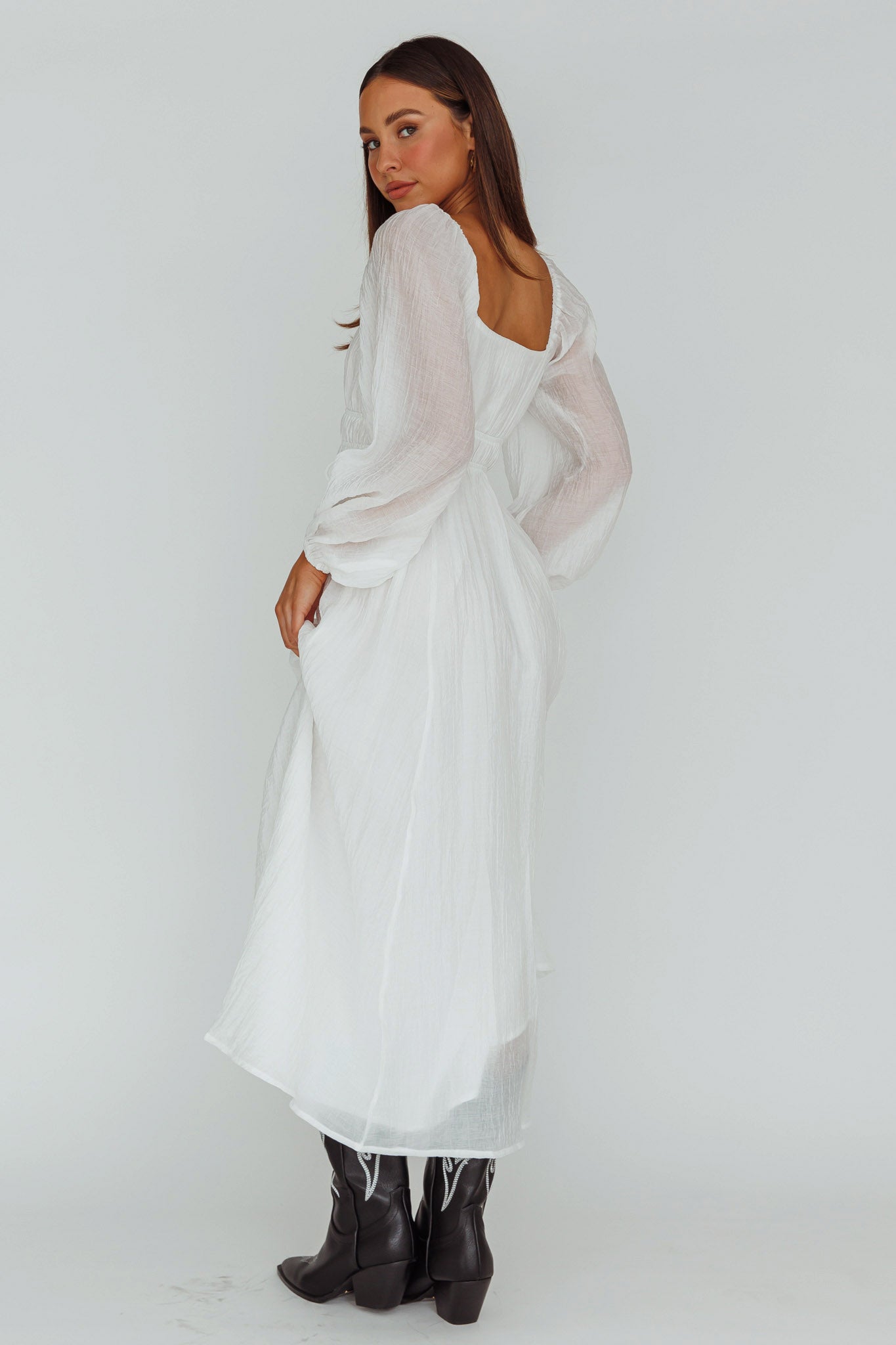 Kylin Balloon Sleeve Tied Bust Maxi Dress White by Selfie Leslie