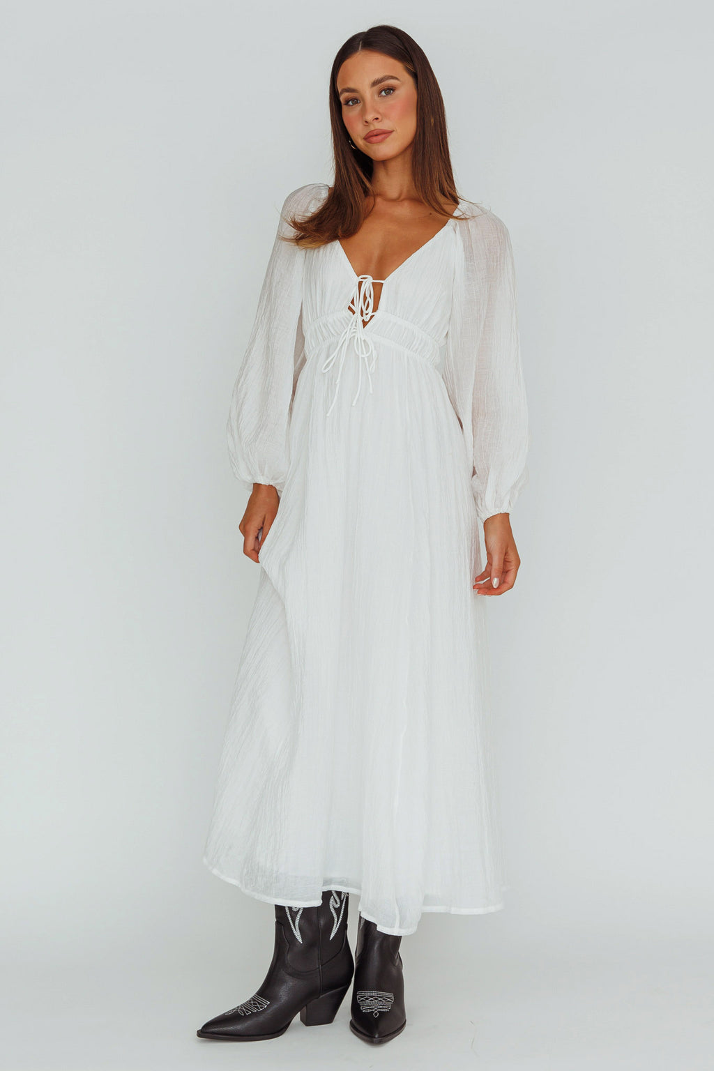 Kylin Balloon Sleeve Tied Bust Maxi Dress White by Selfie Leslie
