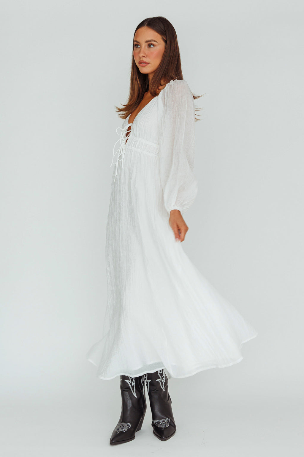 Kylin Balloon Sleeve Tied Bust Maxi Dress White by Selfie Leslie