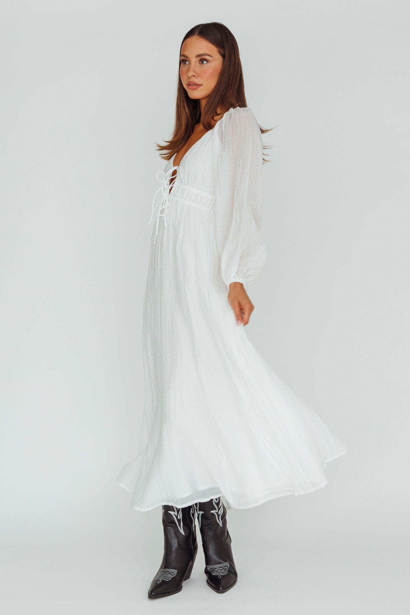 Kylin Balloon Sleeve Tied Bust Maxi Dress White by Selfie Leslie