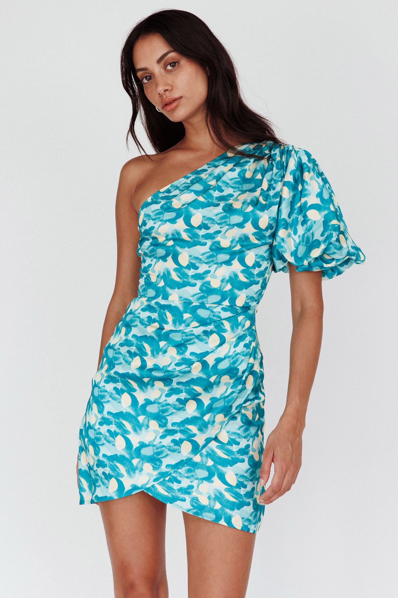 Krishna One-Shoulder Puff Sleeve Mini Dress Green by Selfie Leslie