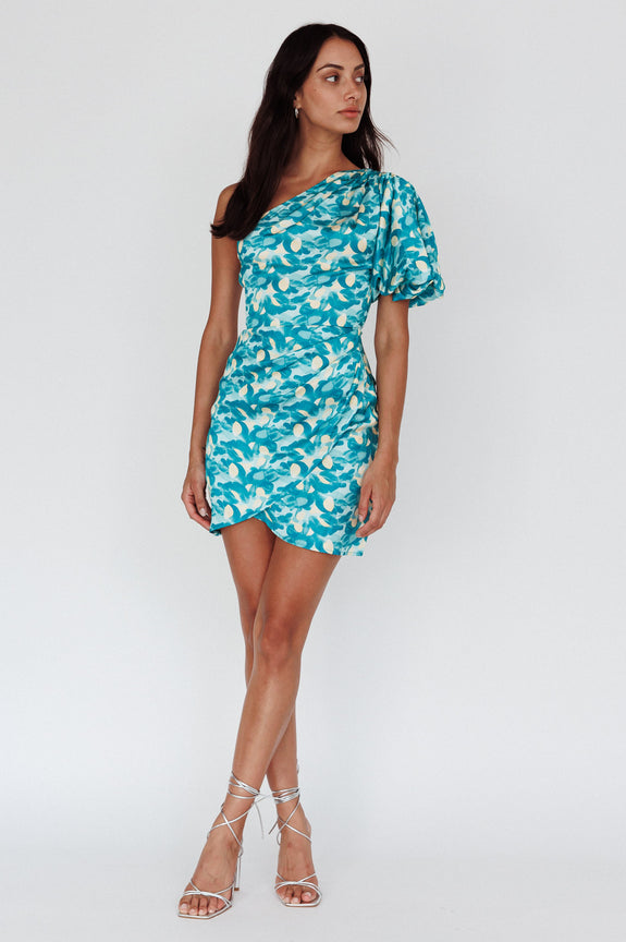 Krishna One-Shoulder Puff Sleeve Mini Dress Green