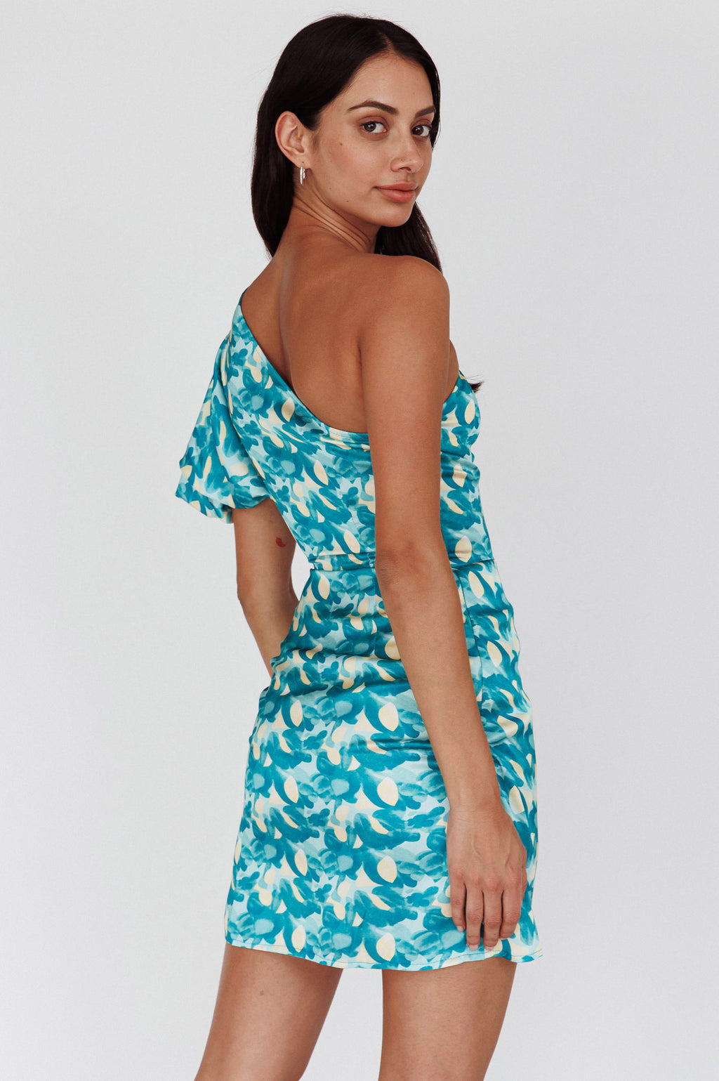 Krishna One-Shoulder Puff Sleeve Mini Dress Green by Selfie Leslie