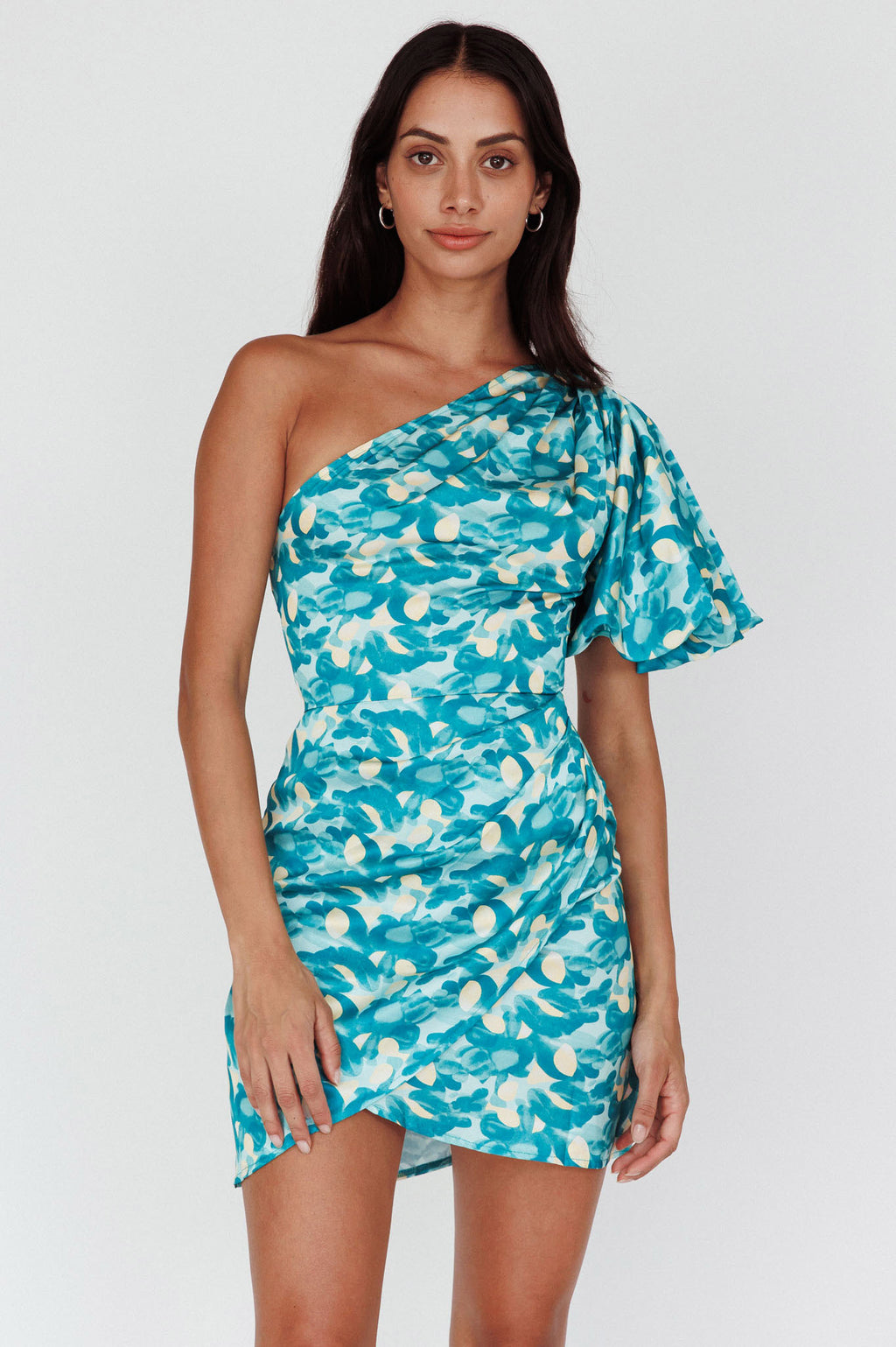 Krishna One-Shoulder Puff Sleeve Mini Dress Green by Selfie Leslie