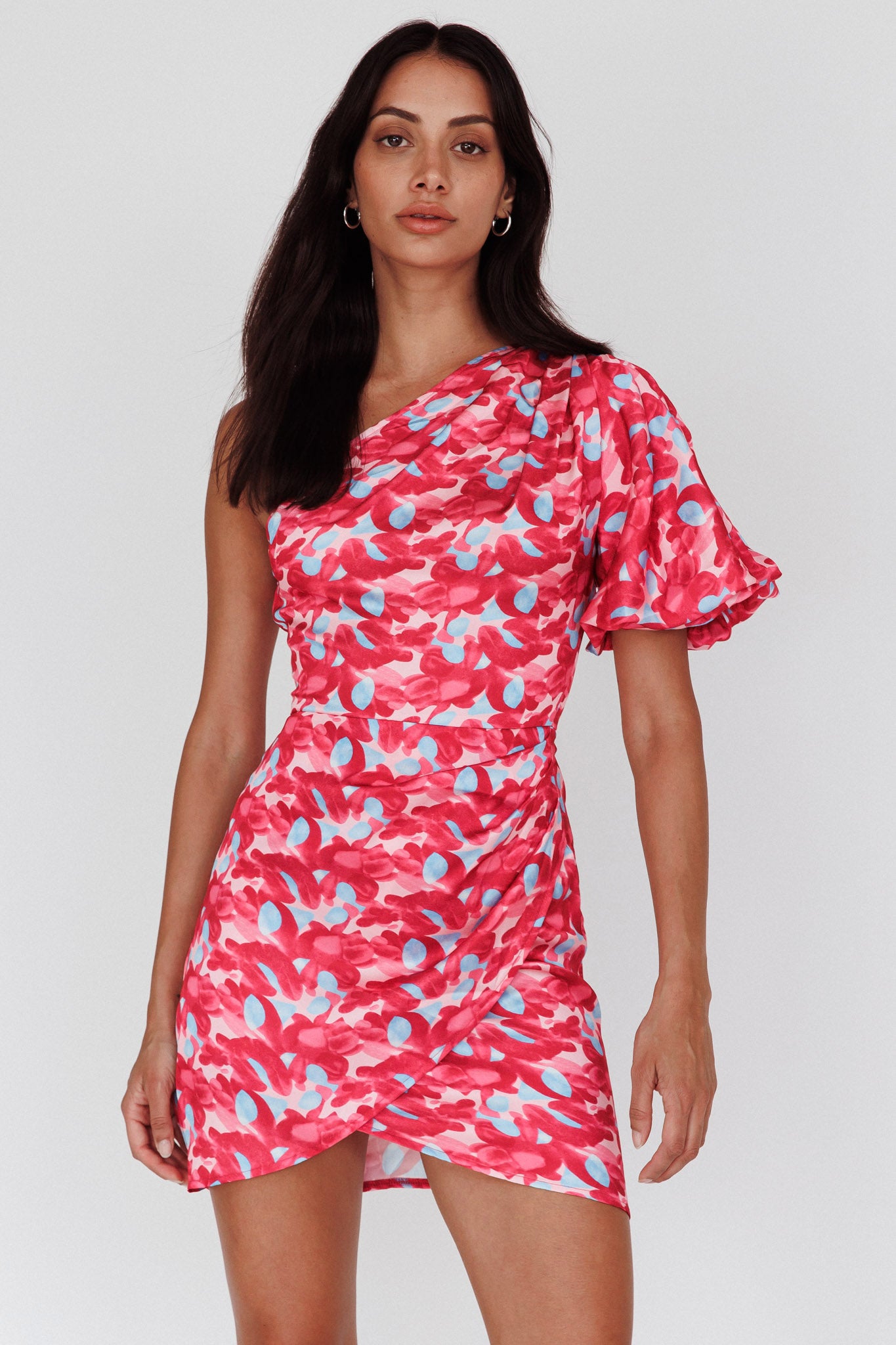 Krishna One-Shoulder Puff Sleeve Mini Dress Pink by Selfie Leslie