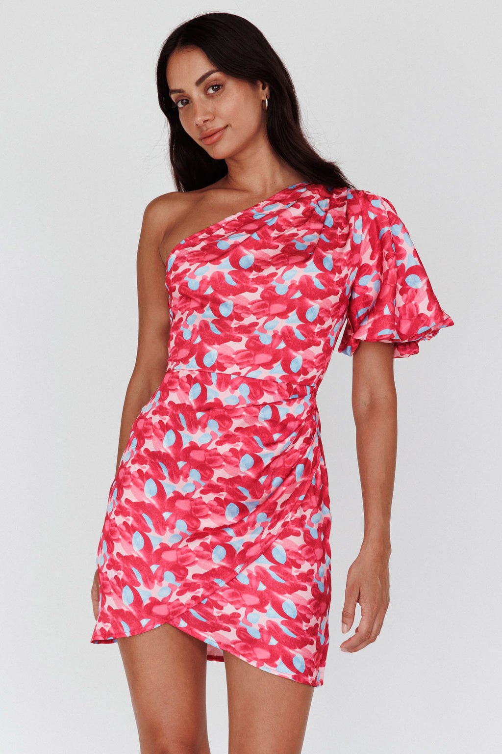 Krishna One-Shoulder Puff Sleeve Mini Dress Pink by Selfie Leslie