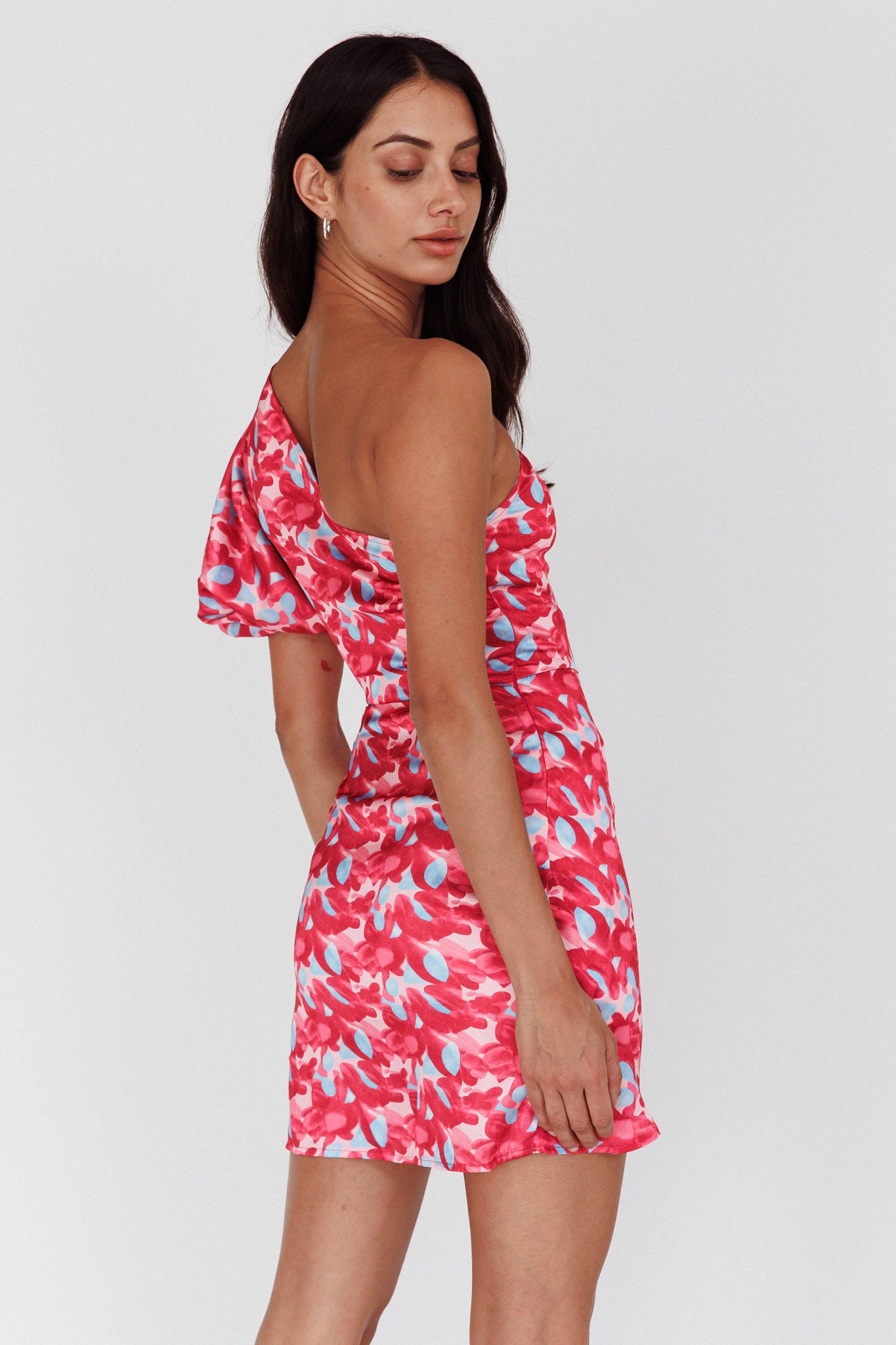 Krishna One-Shoulder Puff Sleeve Mini Dress Pink by Selfie Leslie