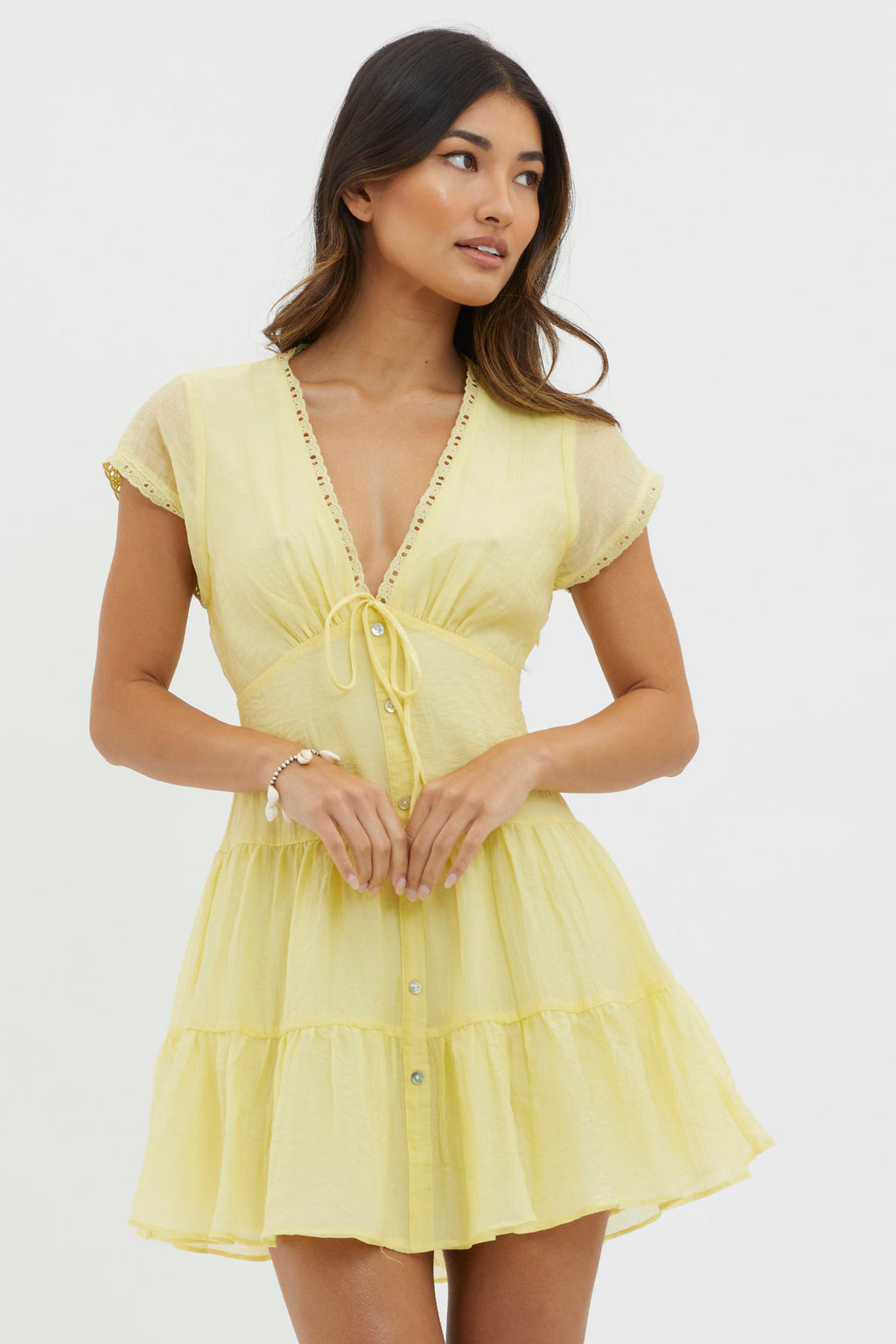 Azura Scalloped Lace Mini Dress Lemon by Selfie Leslie