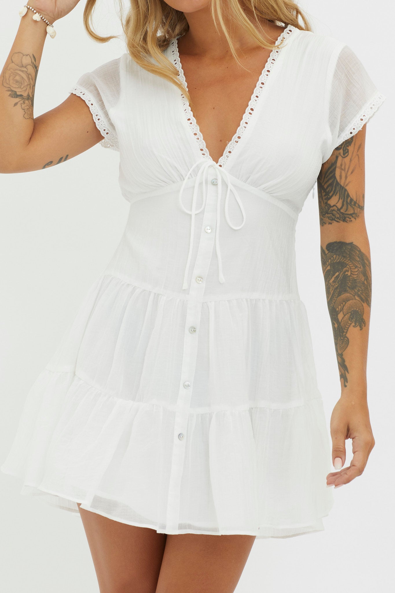 Azura Scalloped Lace Mini Dress White by Selfie Leslie