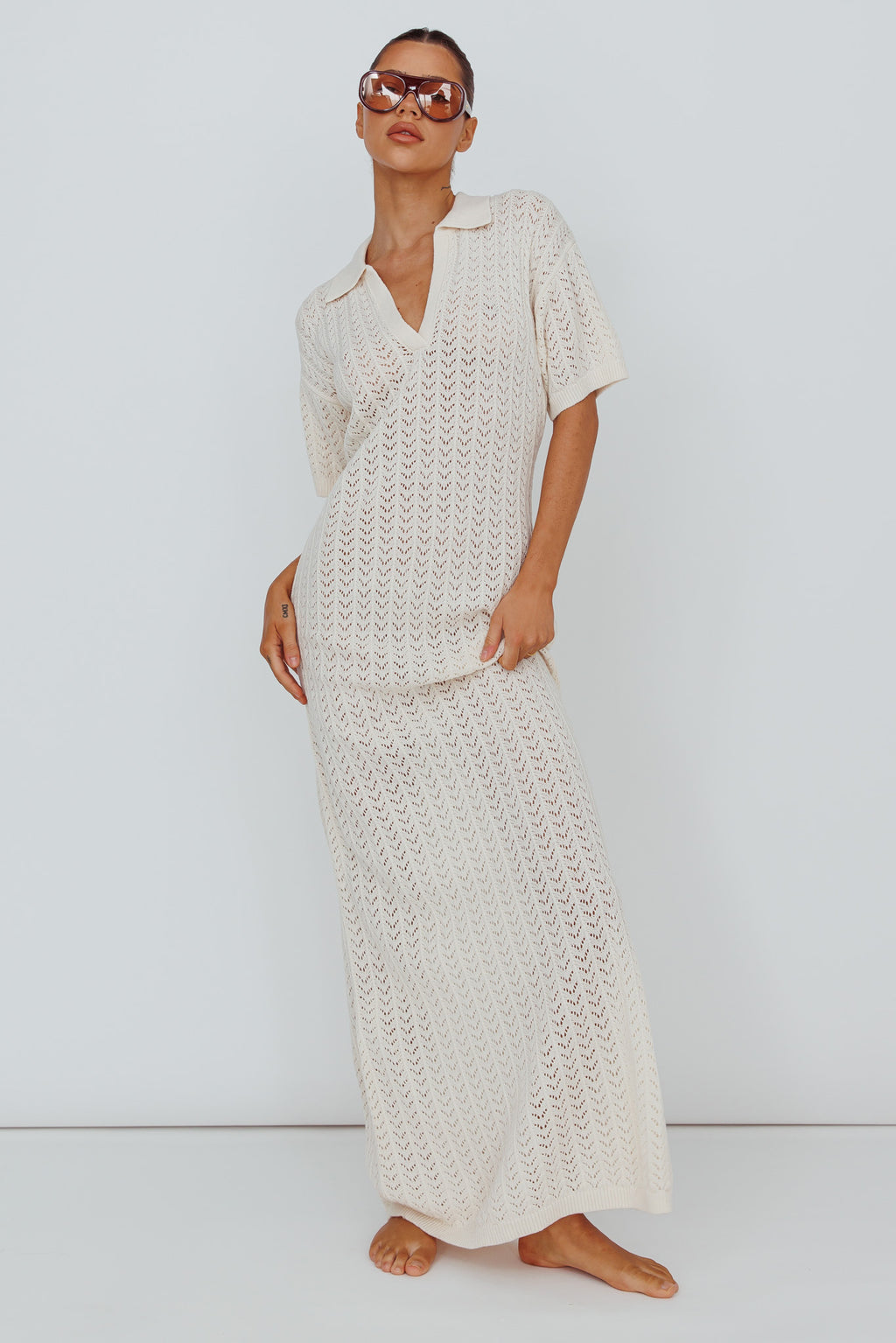Clearwater Crochet Short Sleeve Maxi Dress White by Selfie Leslie